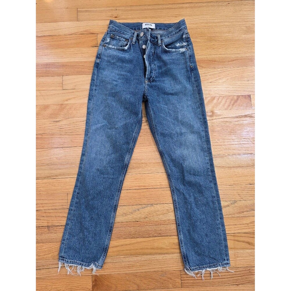 Agolde Riley Straight Jeans Button Fly and Raw Hem 24 Cotton High Rise Distress